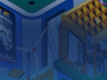 cartoon representation of living materials including solar panels and windmills