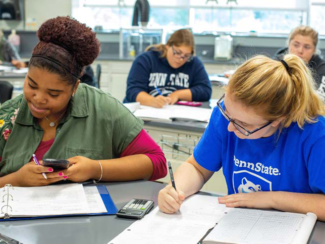 Students calculate math problems during a chemistry lab at Penn State Beaver.