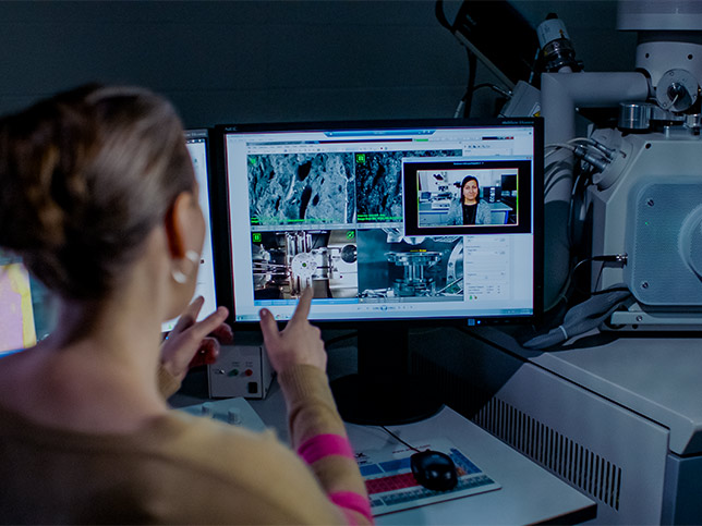 Looking over the shoulder of someone at a computer screen with research images and image of another person in a video call.